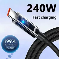 240W USB A TO Type C Super Fast Charging Nylon Cables For Samsung Xiaomi Huawei Honor LED Digital Display USB Charger Data Cords