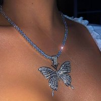 Hip Hop Big Butterfly Pendant Necklace Rhinestone Chain for Women Bling Tennis Chain Crystal Choker Necklace Party Jewelry