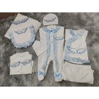 Light Blue White Lace Rhinestone Wings Baby 9Pcs Set Newborn Footed Romper Bib Hat Full Gift Set
