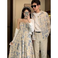 Couples Matching Outfit Set Women's Tank Top And Men's Cardigan Full Set Summer Dress Shirt Tea Color Coordination