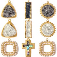 3pcs/Lot Stainless Steel Shell Cross DIY Charms Rhinestone Clay Triangle Sun Necklace Pendant Women ABS Pearl Square Jewelry