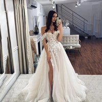 Customized A Line Women Wedding Dresses Side Slit Appliques Tulle Bridal Gowns Formal robe de mariée