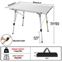 Foldable Aluminum Picnic Table 90x52x68cm, Height Adjustable 45-68 cm, Stable Structure, Anti-slip, Carry Bag