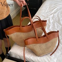Vsper Branded Straw Knitted Big Tote Bags For Women Two-sized Big Capacity Shopper Shoulder Bag Set 2026 Summer Latest Beach Bag