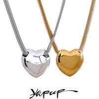 Yhpup Flat Snake Chain Stainless Steel Big Heart Love Pendant Necklace Metal Texture Waterproof Romantic Jewelry Party Gift
