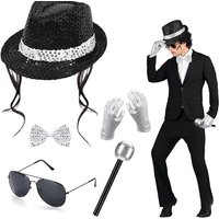 Michael Jackson Cosplay Costume Set Sequin Jazz Hat Wig Sunglasses Bow Tie Gloves Microphone Stage Disco Party Halloween Prop
