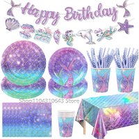 Mermaid Disposable Tableware Purple Blue Ocean Theme Mermaid Plate Cup Napkin for Kids Girls Birthday Party Decor Supplies