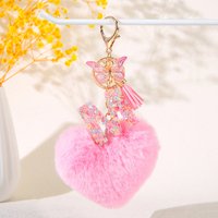 Pink Heart Heart Hairball Initial keychain with Butterfly fringe 26 letter key chain Car key ring Women's bag hanging ornament