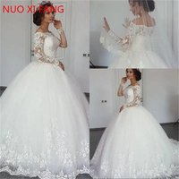 Luxury Lace Appliques Long Sleeves Wedding Dresses Princess Vestido de Noiva Sweep Train Boat Neck Off The Shoulder Bridal Gowns