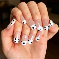 10Pcs Handmade Press on Nails Nude French Black Polka Dot Dice Short Square False Nails Clean Style Wearable Reusable Fake Nails