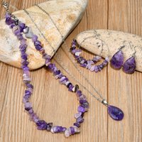 6PCS Natural Stone Amethyst Necklace Earring Set Bohemian Women’s Elegant And Luxurious Handmade Jewelry
