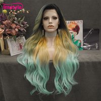 Imstyle Long Lace Wig Synthetic Lace Front Wig Ombre Orange Green Wigs For Women Heat Resistant Fiber Natural Wavy Cosplay Wig