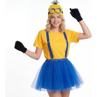 Despicable Me Minion Cosplay Costume Set Yellow Hat Blue Tulle Skirt with Glasses Gloves for Halloween Themed Party Dress-Up