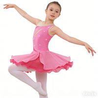 Kids Girls Ruffle Figure Ice Skating Dance Dress Gymnastics Ballet Lyrical Leotards Dress Round Collar Shiny Rhinestone Dresses
