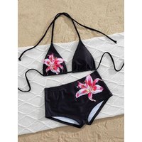Summer Beach Sweet Cool Style Black Lily Print Triangle Bikini Set Hanging Neck Design Flat Angle Swimwear with Pants Split Feat