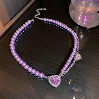 Luxury Amethyst Gem Neck Pendant Necklace 2023 Fashion Purple Crystal Love Heart Purple Gem Raw Stone Pearl Neckchain Collarbone