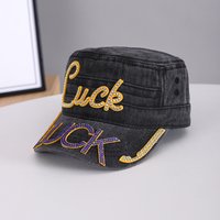 Washable Retro-Style Double-Stamped Diamond-Encrusted 'Luck' Letter Decoration Flat-Top Soldier Cap, Suitable for Workwear.