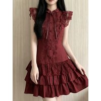 College Style Lace Trim Sleeveless Dress Women's Summer Subculture Fly Sleeve Waist Inward Cake Short Skirt Casual Daily Wear