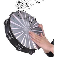 8/10 In Wooden Radiant Tambourine Handbell Hand Drum with Double Row Jingles Reflective Drum Head Musical Percussion Instrument