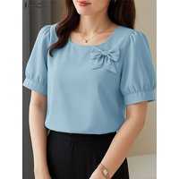 Women Summer OL Work Blouse 2025 ZANZEA Stylish Shirt Elegant Casual Short Sleeve Solid Color Tunic O Neck Blusas Mujer Femme