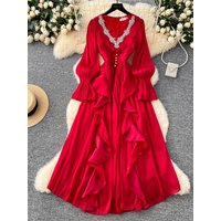 Spring Autumn Women Party Long Dress Elegant Female Red/Purple/Beige/Black Diamonds Patchwork Ruffle A-Line Maxi Vestidos New