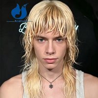 Amethyst Wolf Cut 613 Blonde Mullet Wave Wig for Men Pre Plucked Brazilian Remy 13x4 Lace Front Human Hair Wig with Bangs Layers