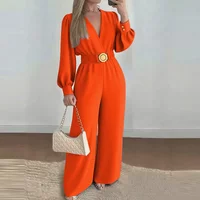 V Neck Solid Long Jumpsuits Fashion Commuting Belt Lace-Up Puff Sleeves Wide Legger Romper Casual Long Sleeve Women's Playsuit