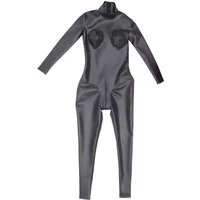 Women PU 3D Breast Shaping Bodysuit Fashion Double Sides Latex PVC Shiny Bodycon Jumpsuit Maid Satge Leoatrd Elastic Tights