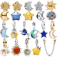 S925 Silver Pave Plate Golden Lucky Moon Star Sun Dangle Charms Bead Pendent Fit Bracelet Parts Decor Gift Original Fine Jewelry