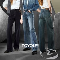 TOYOUTH Women Denim Jeans 2025 Autumn New Lycra Stretch Straight Wide Leg Long pants