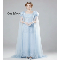 Fairytale Blue Bridgerton Costume Prom Dress Cape Sleeve Square Neck Maxi Evening Gown Civil War Medieval Whimsical Formal Party