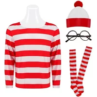 Wheres Waldo Gestreiftes Hemd Jugend Jungen Wally Kostüm Hemd Brille und Hut Socken Unisex Erwachsene Karneval Cosplay Kostüm