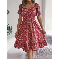 Casual Square Neck Shirred Waist Floral Print Short Sleeve Ruffle Hem Dress For Summer, Women's Clothing