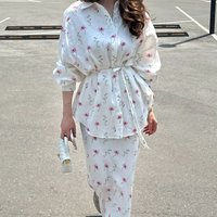 Women Two Piece Sets Skirt Set Floral Print Lantern Sleeve Turn Down Collar Shirt Long Skirts A Line Lace Up Y2k Elegant Work