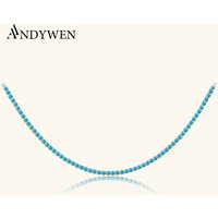 ANDYWEN 925 Sterling Silver Gold 2mm Turquoise Tennis CZ Chain Necklace Summer Long Chain Choker Crystal Luxury Fine Jewelry