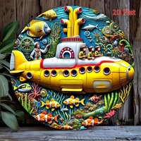 2D Flat Vibrant Yellow Submarine Underwater Adventure Round Metal Tin Sign, Whimsical Tropical Fish Coral Wall Decor, Nautical S