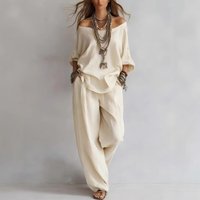 Summer Casual Loose Two Piece Set Women Outfit 2026 Fashion Long Sleeve Off The Shoulder Tops And Wide Leg Pants Sets Suits