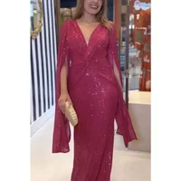 Autumn Women's Party Sequin Solid Color Personalized Dress Fashionable V-neck Simple Casual Loose Long Sleeved Dress