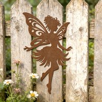Rustic weathered fairy silhouette metal fence decor, rusted swirl wing elf art for garden, yard,patio and cottage outdoor spaces