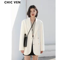 CHIC VEN 2021 Fashion Women's Blazer Office Lady Long Sleeve Double-breasted Mid-length Casual Coat Ladies Outerwear Stylish Top