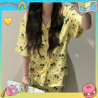 Women'S Cotton Pajamas Set Mameiji summer Blue Plaid Cute Tamagot Chi Cartoon Short Sleeve Shorts Summer Thin Soft Loungewear