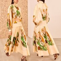 Women print fashion cotton set casual long sleeve shirt tops + high waist pleated long skirt