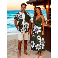 Flowers Leaf Printed Plus Size Matching Hawaii Beach Outfit For Couples, 3D Graphic Women's Maxi Cami Dress And Men Shirt