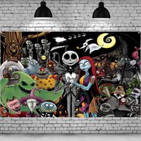 Nightmare Before Christmas Backdrop, Jack Skellington and Sally Halloween Party Background Banner, Spooky Moon Skull Cartoon