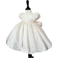 Custom Flower Girl Dress Wedding Dress First Christmas Party Kids Puffed Short Sleeve Satin Dress With Beaded Accents And Back