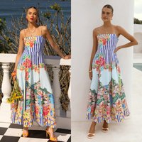 Women's Amalfi Coast Print Spaghetti Strap Maxi Dress - Bohemian Floral Striped Sleeveless Long Dress for Beach Vacation