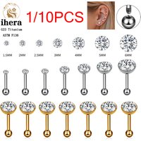 1/10PCS ASTM F136 Titanium Classic Round Zircon Stud Earrings Women Men Ear Cartilage Lobe Helix Conch Tragus Piercing Jewelry