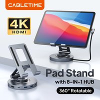 CABLETIME 360° Rotating Stand with USB C Hub 8 in 1 Dock HDMI 4K 60Hz PD 100W USB 5Gbps SD TF for iPhone iPad Pro Tablet