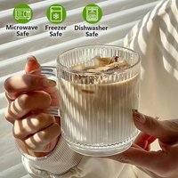 6 PACK Premium Glass Coffee Mugs with Handle, 12 OZ Classic Vertical Stripes Glass Coffee Cups, Transparent Tea Cup for Hot/Cold