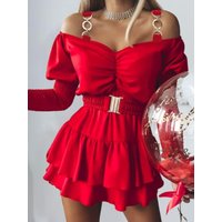 BKLD 2026 New Solid Color Off The Shoulder Long Sleeves A-Line Short Dresses With Belt Clothes For Women Summer Dress Party